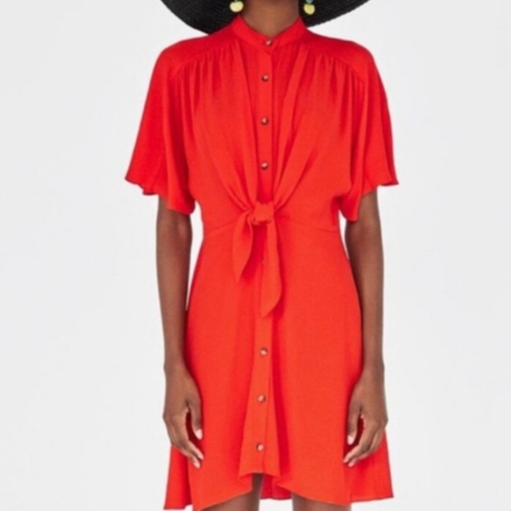 ZARA | Orange | Red | Button-up Dress w/ Tie Front